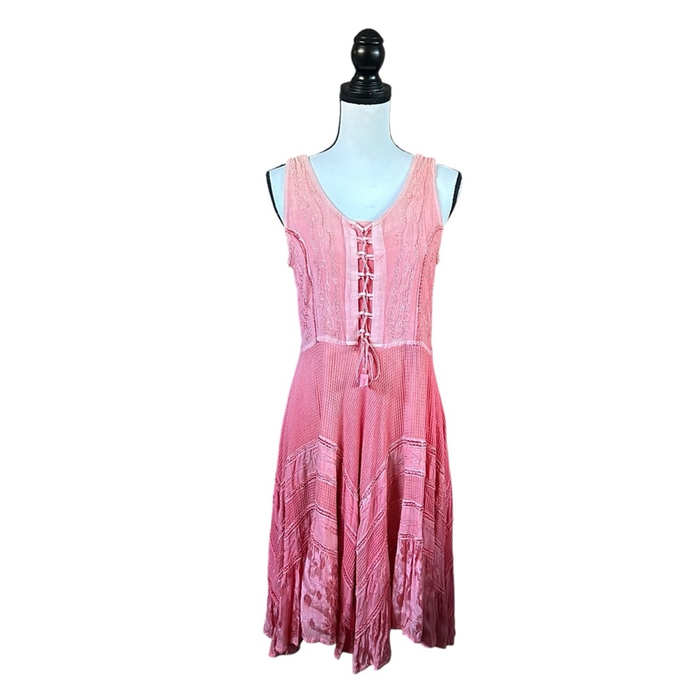 Flower Coral Sleeveless Lace Front Midi Dress Fairy Grunge Boho Festival OS